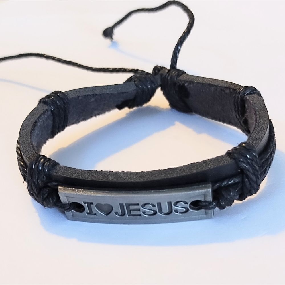 Men's bracelet‎ leather braided Jesus black new d54